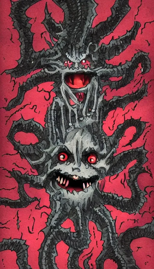 Image similar to a storm vortex made of many demonic eyes and teeth, from cryptid academia