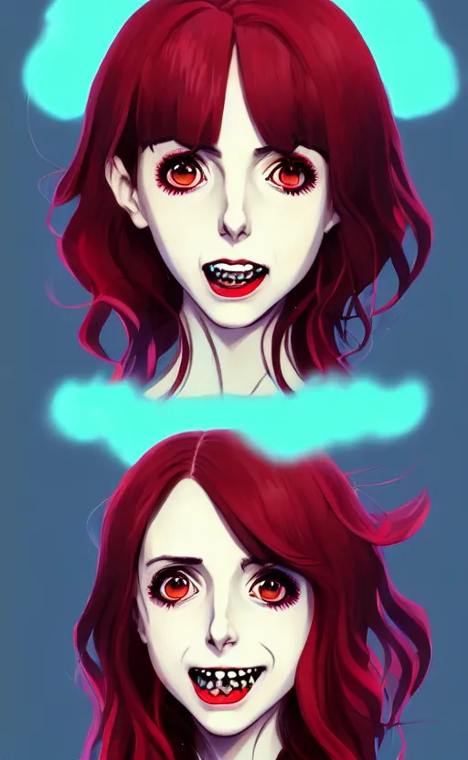 Prompt: beautiful anime vampire girl Alison Brie sharp teeth, red glowing hair, smiling, full body fun pose, symmetrical face symmetrical eyes, blurry background, Jamie McKelvie comic art, Alexandra Fomina artstation, face by Ilya Kushinov style, style by Loish, Norman Rockwell, painterly style, flat illustration