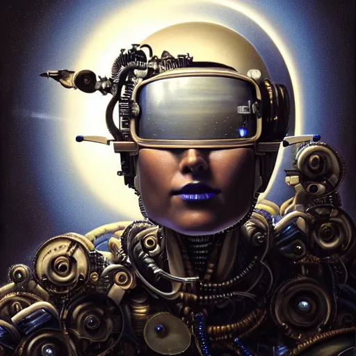 Image similar to portrait of the beautiful young robotic pilot of jets, surreal, fantasy, intricate, mechanical, elegant, dramatic lighting, emotionally evoking symbolic metaphor, highly detailed, gears, lifelike, photorealistic, digital painting, painterly, artstation, concept art, smooth, head in focus, sharp focus, background aerial battle, illustration, art by John Collier and Krenz Cushart and Artem Demura and Alphonse Mucha and Albert Aublet,