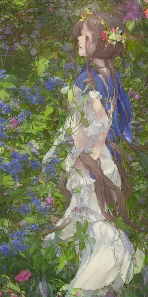 Prompt: a digital art of a loli with long hair in a dress in the privet garden at after noon, green and warm theme, mediumslateblue flowers, low angle, back lighting, by krenz cushart and mucha and akihito yoshida and greg rutkowski, highly detailed, 4 k resolution, trending on art station