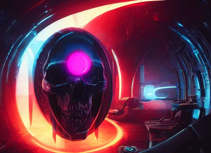 Image similar to a futuristic skull with glowing eyes and a wormhole tunnel, cyberpunk art by greg rutkowski, behance contest winner, computer art, darksynth, synthwave, rendered in cinema 4 d