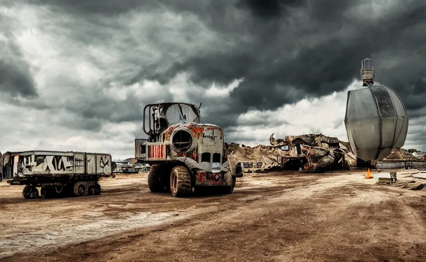 Prompt: an immense derelict monster truck cement mixer construction vehicle with tank turret and demolition ball in front of a road construction site, dystopian, imax, dramatic clouds, muted colors
