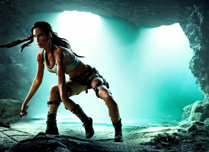 Prompt: film still of!!!! megan fox!!! as lara croft in new tomb raider movie, closeup portrait, exploring interior of torchlit atlantis underwater temple, glamour pose, dramatic lighting, octane, mist, volumetric lighting, 8 k