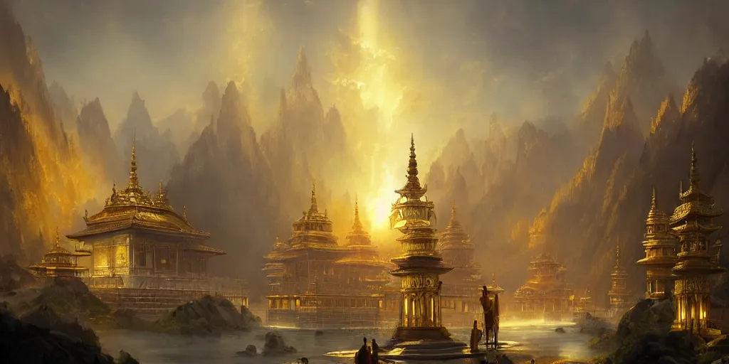 Prompt: a fantasy golden temple city, light shafts, golden aura, monks in robes, epic atmosphere, by greg rutkowski, nature by asher brown durand