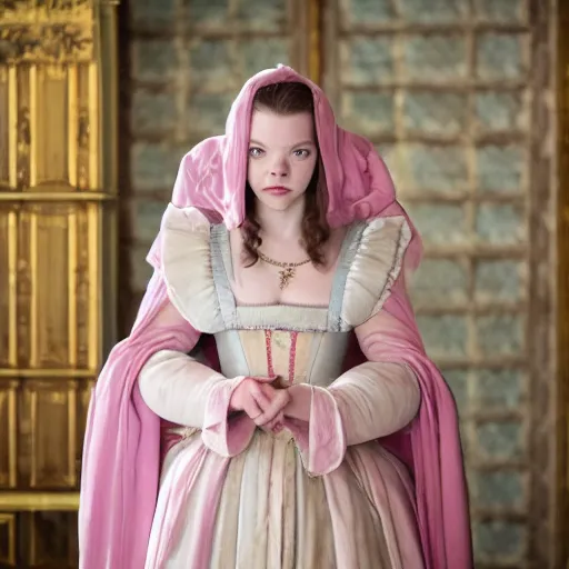 Image similar to anya taylor - joy wearing robe a la francaise, wow 4 k detail fantasy, matte painting, realistic materials, photo realistic, postprocessing, cinematic, hyperrealistic, studio lighting, ekaterina, the tudors, photography by richard jenkins