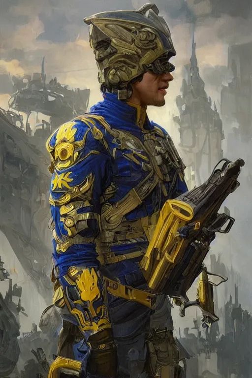 Image similar to shot of Vladimir Zelenskiy as a super soldier with Ukrainian blue and yellow flag on his back, handsome, fantasy, intricate, pile of skulls under his feet, elegant, highly detailed, digital painting, artstation, concept art, smooth, sharp focus, illustration, art by artgerm and greg rutkowski and alphonse mucha