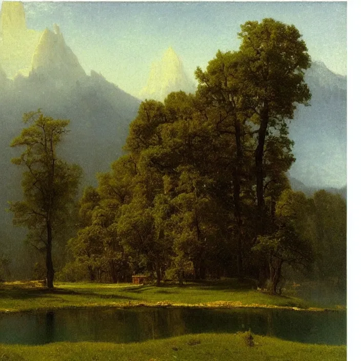 Prompt: a building in a landscape, by albert bierstadt