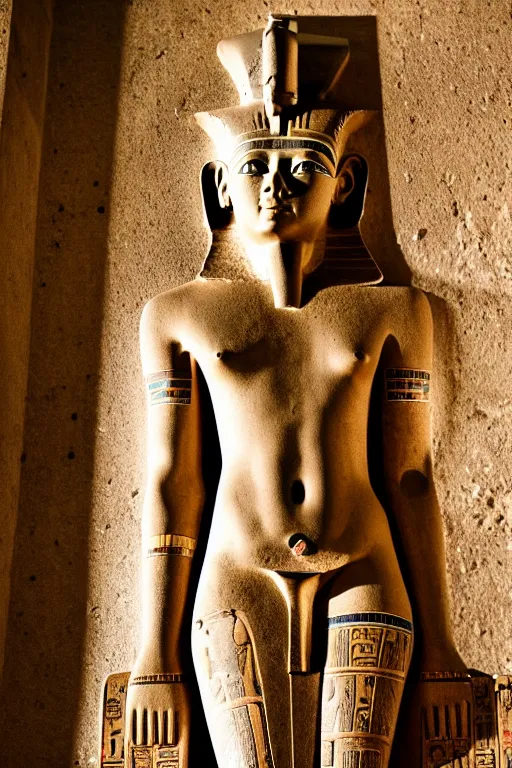 Prompt: photo of the ancient egyptian statue of biker, symmetrical, cinematic, real dlsr photography, sharp focus, 4 k, ultra hd, sense of awe, archeology journal cover