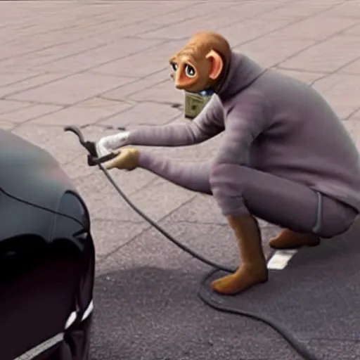 Image similar to hyperrealistic dobby siphoning gas from a car, cctv footage, real,