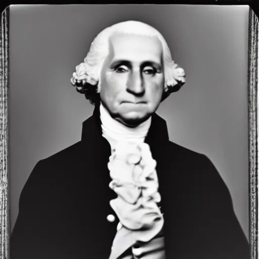 Prompt: photo of George Washington by Diane Arbus, 2022, black and white, high contrast, Rolleiflex, 55mm f/4 lens