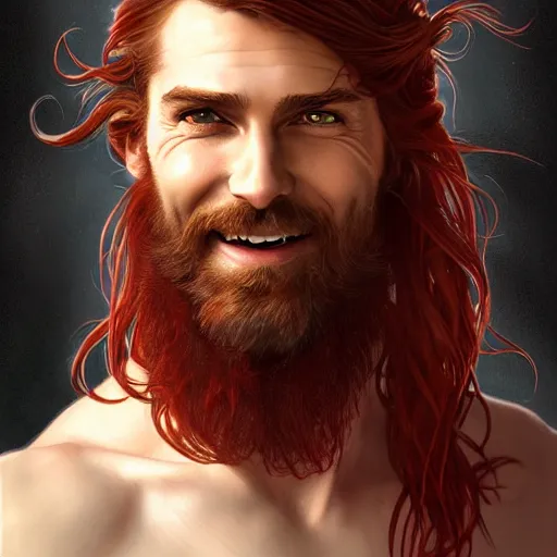 Image similar to portrait of a young ruggedly handsome but joyful pirate, male, masculine, upper body, red crimson hair, long long long flowing hair, fantasy, proud smirk, intricate, elegant, highly detailed, digital painting, artstation, concept art, matte, sharp focus, illustration, art by artgerm and greg rutkowski and alphonse mucha