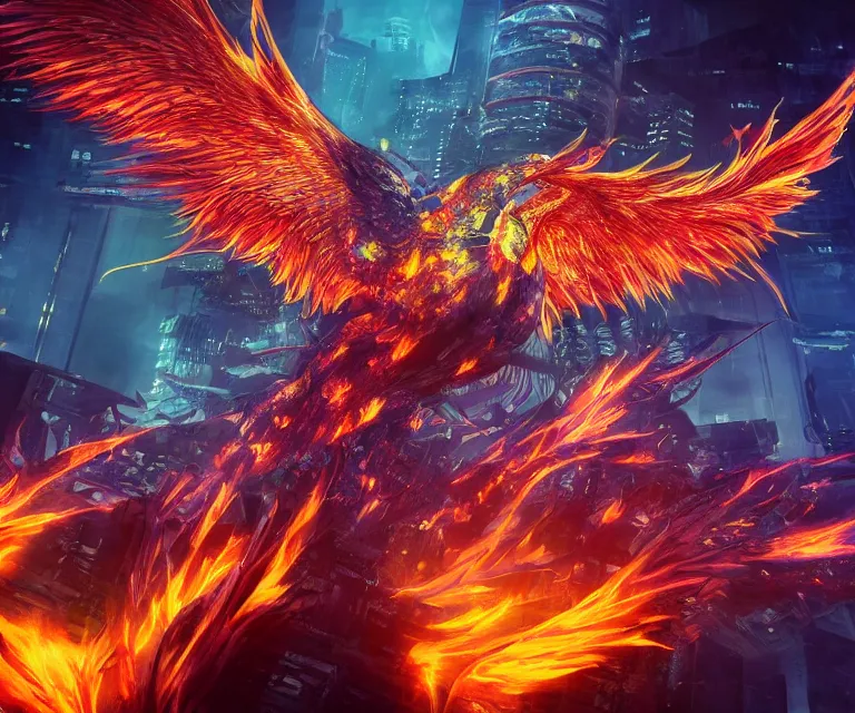 Prompt: neo tokyo!!, dark fantasy, concept art, video game, highly detailed, phoenix flames, sharp focus, 5 0 mm