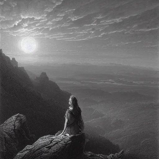 Prompt: A female wanderer looks from a mountaintop, mountains, gorgeous view, velly distant forest, distant city, distant glow, night, moon, dramatic light, Chiaroscuro, long shadows, dark, masterpiece, high detail, detailed, illustration by Paul Gustave Doré