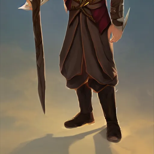 Image similar to A fullbody portrait of an adolescent male half-elf wizard who is tall and slim, focus on face, short brown hair, smiling, wizard robes, staff, sharp focus, highly detailed, photograph, cinematic, dynamic lighting, trending on artstation, digital painting, in the style of Chris Ostrowski