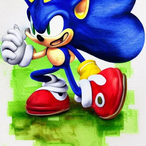 Image similar to Sonic in the style of Mario, with a mustache, beautiful watercolor art drawing, in the style of artist Simon Stalenhag s-90 - C 7