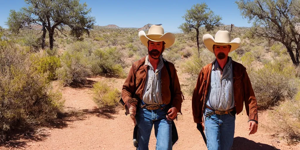 Prompt: two rugged cowboys on the old west desert trail, Santa Fe, in the style of Fredrick Remington