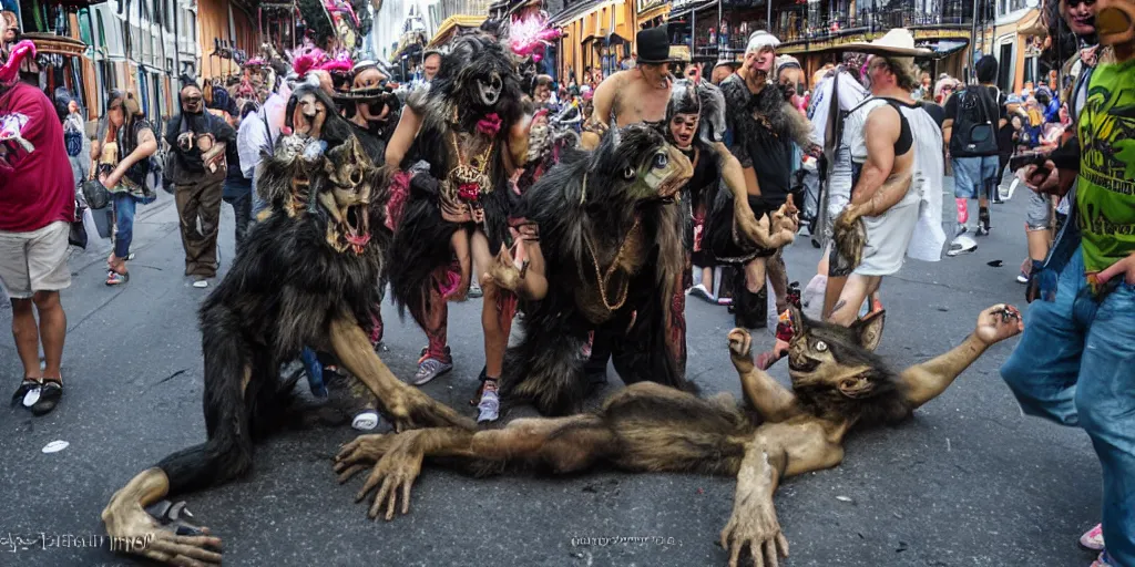 Prompt: a werewolf on Bourbon Street, New Orleans, Mardi Gras, real drunk