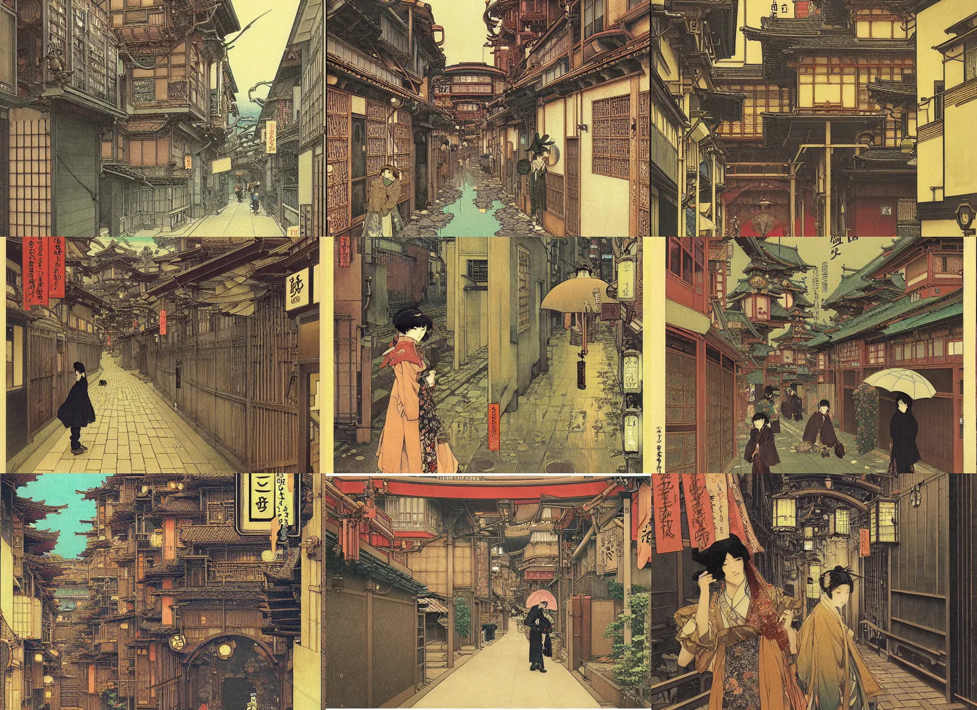 Prompt: a beautiful ukiyo painting of steampunk tokyo alleyway by hasui kawase, takato yomamoto, alphonse mucha