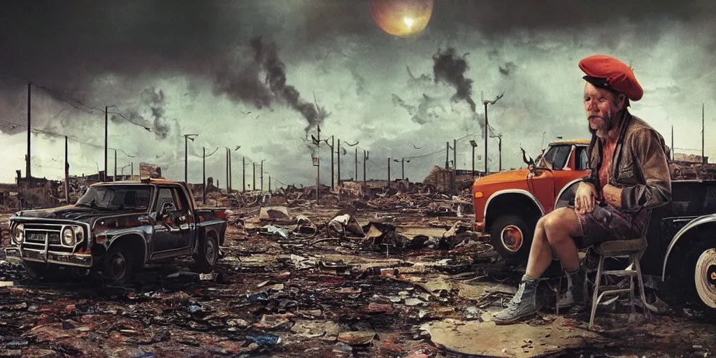 Prompt: 1970s photography of a truck driver wearing a cap sitting on an folding chair next to his colorful truck in a apocalyptic wasteland, tornado and apocalyptic city in the background, detailed intricate insanely detailed octane render, 8k artistic photography, photorealistic, chiaroscuro, hd, by David Cronenberg, Raphael, Caravaggio