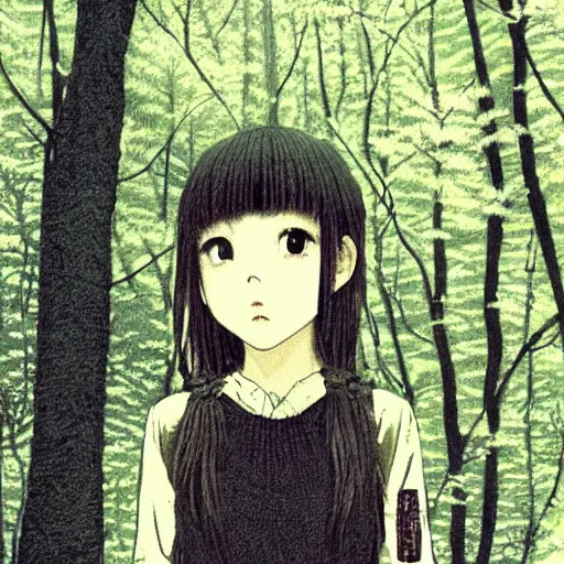 Prompt: detailed cute girl in a forest, style from asano inio, detailed face