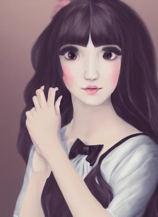 Image similar to a photograpic portrait of young woman, pride and prejudice, kawaii style, with kind face, dark hair, georgian dress, intricate, elegant, highly detailed, digital painting, smooth, sharp focus