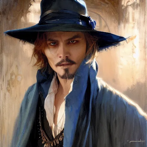 Image similar to detailed cinematic wide shot of beautiful attractive blonde vampire jhonny depp slim face symettrical face clean skin blue eyes black robe smooth, sharp focus, ultra realistic, spring light, painting by gaston bussiere, craig mullins, j. c. leyendecker