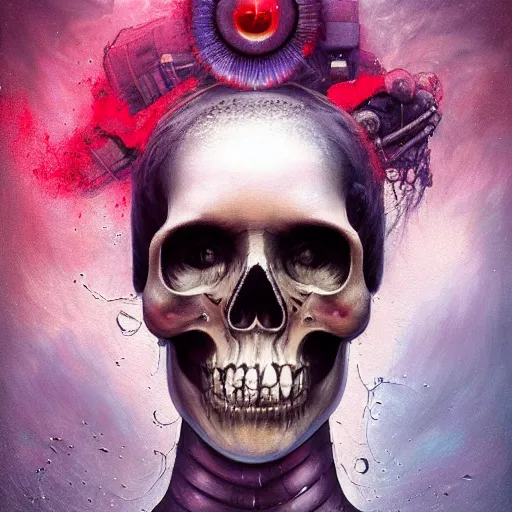 Prompt: dream portrait of skull, cameras, melting, 8 k, by tristan eaton, stanley artgermm, tom bagshaw, greg rutkowski, carne griffiths, ayami kojima, beksinski, giger, trending on deviantart, face enhance, hyper detailed, minimalist, cybernetic, android, blade runner, full of colour