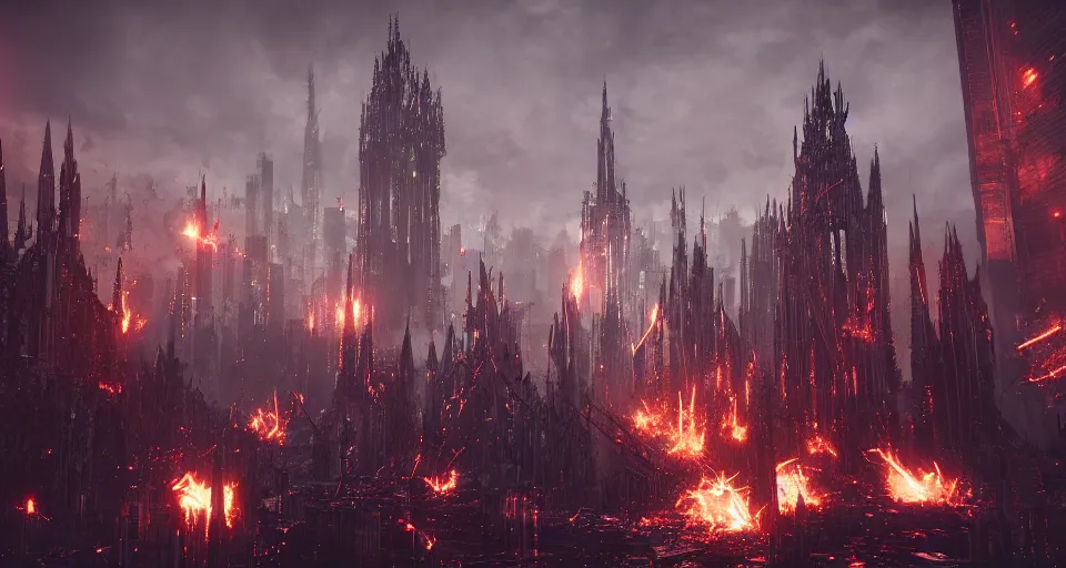 Prompt: giant thick angular Spikes explode out of the ground in a gothic medieval cyberpunk city, debris flying around, the feeling of grimdark terror and pain, high quality, detailed, 8k, unreal engine, octane render, trending on artstation