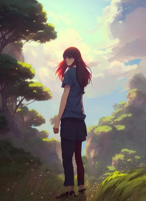 Image similar to portrait of alexandra daddario, cloudy sky background lush landscape illustration concept art anime key visual trending pixiv fanbox by wlop and greg rutkowski and makoto shinkai and studio ghibli