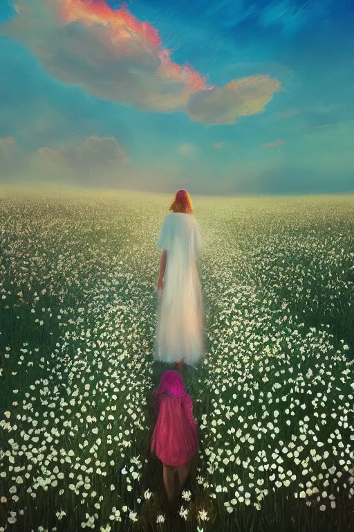 Image similar to giant white daisy flower veil head, girl walking in a flower field, surreal photography, sunrise, dramatic light, impressionist painting, colorful clouds, digital painting, artstation, simon stalenhag