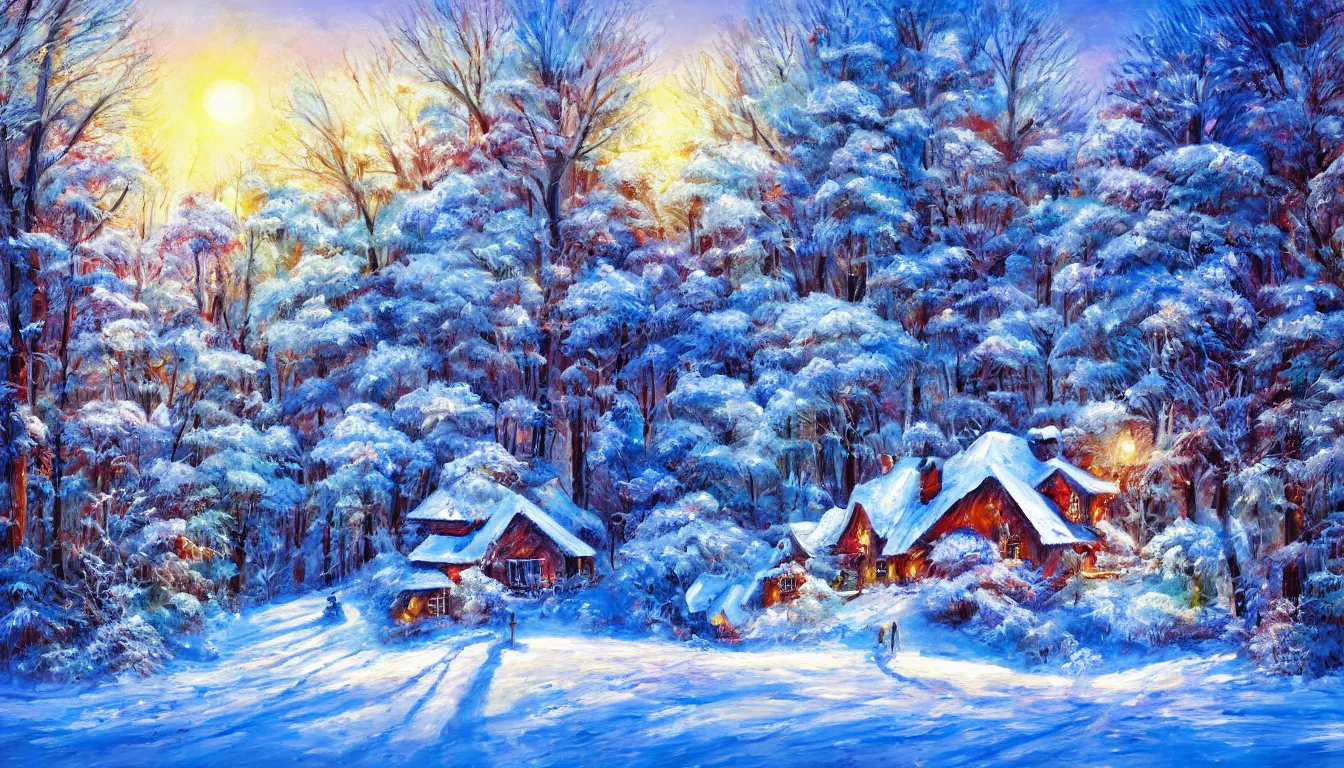 Image similar to ! dream painting of winter blizzard of house in the woods, sunny evening, artistic, brush, strokes, colourfull, very detailed, 4 k