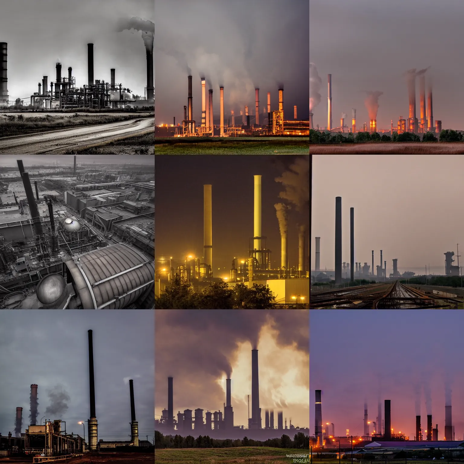 Prompt: endless industrial megafactory complex, smokestacks, steampunk, smoke, night, gloomy
