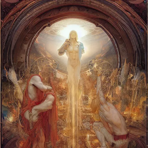 Image similar to disasterpiece truth disciples holy estrangement, by Edgar Maxence and Ross Tran and Michael Whelan and Da Vinci and J.M.W Turner, metal watercolor intricate line drawings, sacred chords, 4k resolution