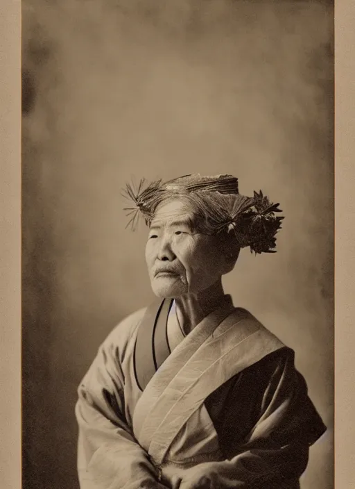 Prompt: a wet plate portrait of a old asiatic woman, geisha, traditional dress, flowers, photorealistic, cinematic light, highly detailed, smooth, sharp focus, illustration, shallow depth of field