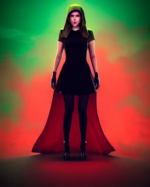 Prompt: David Villegas art, cinematics lighting, beautiful Anna Kendrick supervillain, green dress with a black hood, angry, symmetrical face, Symmetrical eyes, full body, flying in the air over city, night time, red mood in background