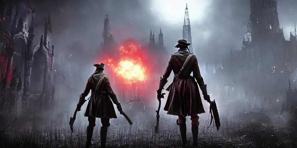 Image similar to mix between battlefield 1 and bloodborne, terrifying, brightly colored, dark