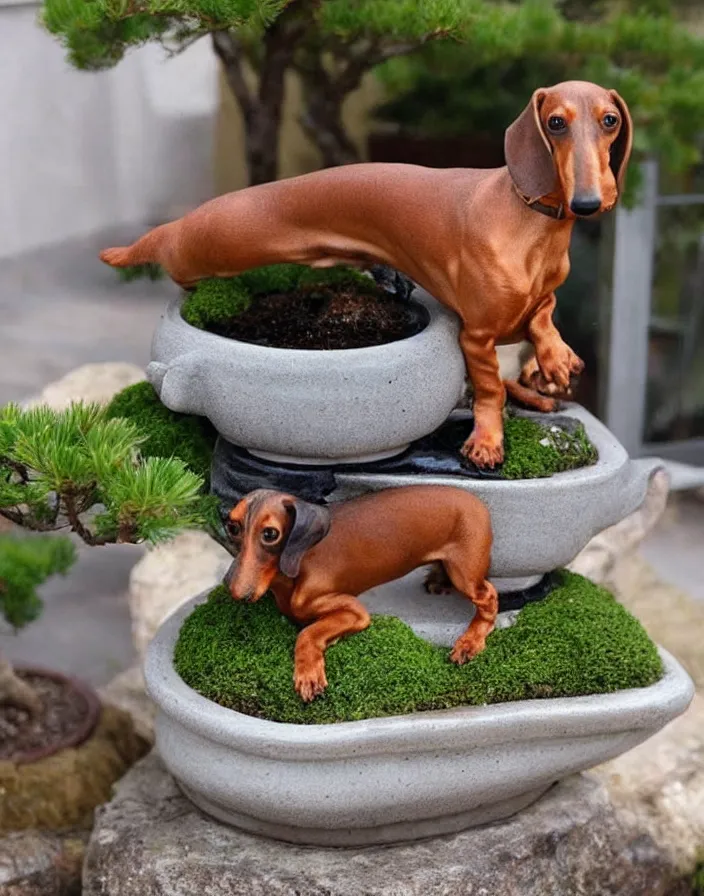 Prompt: Dachshund growing from a bonsai pot