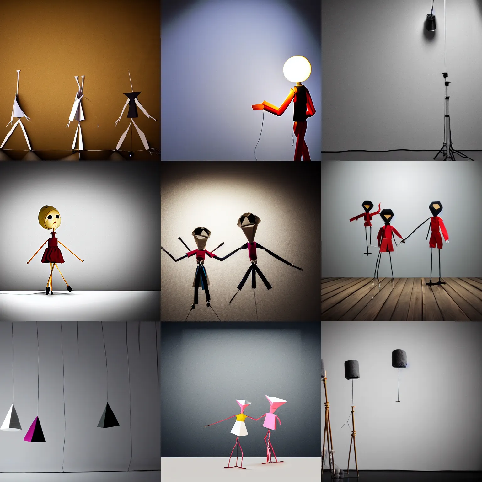 Prompt: paper marionettes, studio lighting, random wall or scenery background, no people