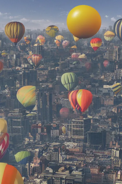 Image similar to a city full of balloons, matte painting