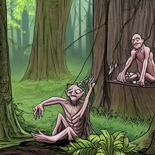 Image similar to Gollum makes twine in rainy forest