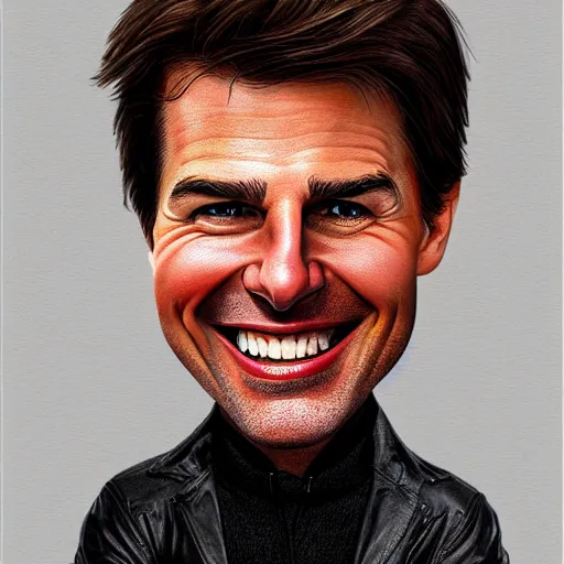 Image similar to caricature drawing of tom cruise smiling, exaggerated features, highly detailed, drawing by mahesh nambiar, sebastian kruger, archille superbi, carola rubio, artstation