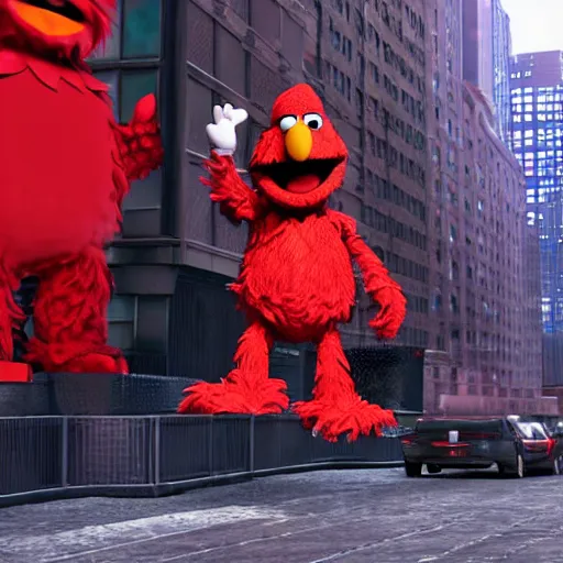 Image similar to Cinema4d 3d octane render of giant Elmo from sesame street being depicted as a 90’s rapper in New York City, highly detailed, 4K, moody lighting