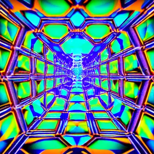 Image similar to a psychedelic fourth dimensional hypercube made of infinity mirrors