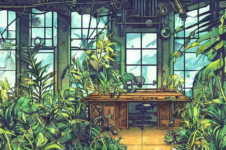 Prompt: Small desk inside a steampunk machine room with lush vegetation growing around the machines, tropical trees, large leaves, flowers, beautiful night sky showing thought the windows, beatifully lit, vintage science fiction illustration