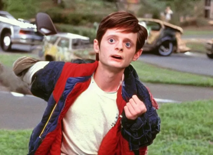Prompt: film still of Elijah Wood as Marty McFly in Back to the Future 1989