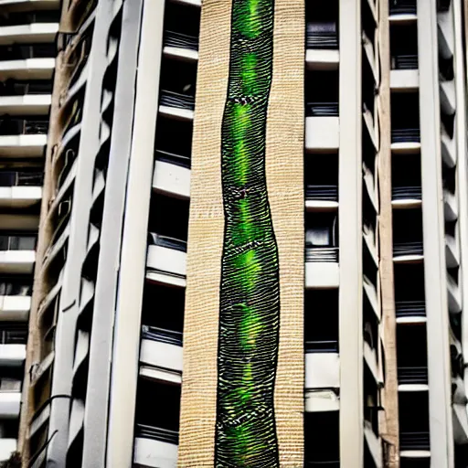 Image similar to Snake plant taking over an entire apartment block, low angle shot, ambient lighting, high detail