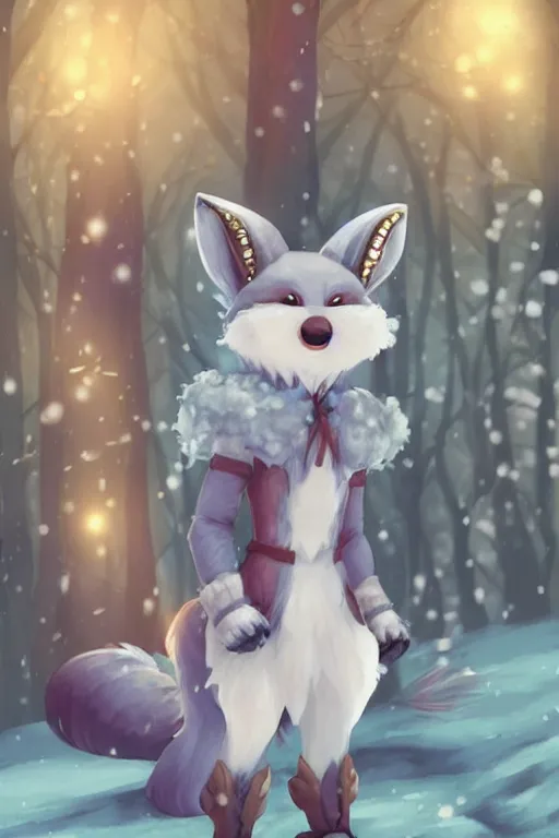 Image similar to a pretty medieval anthropomorphic snow fox with a fluffy tail in the forest, comic art, trending on furaffinity, cartoon, kawaii, backlighting, furry art!!!, radiant light, bokeh, trending on artstation, digital art
