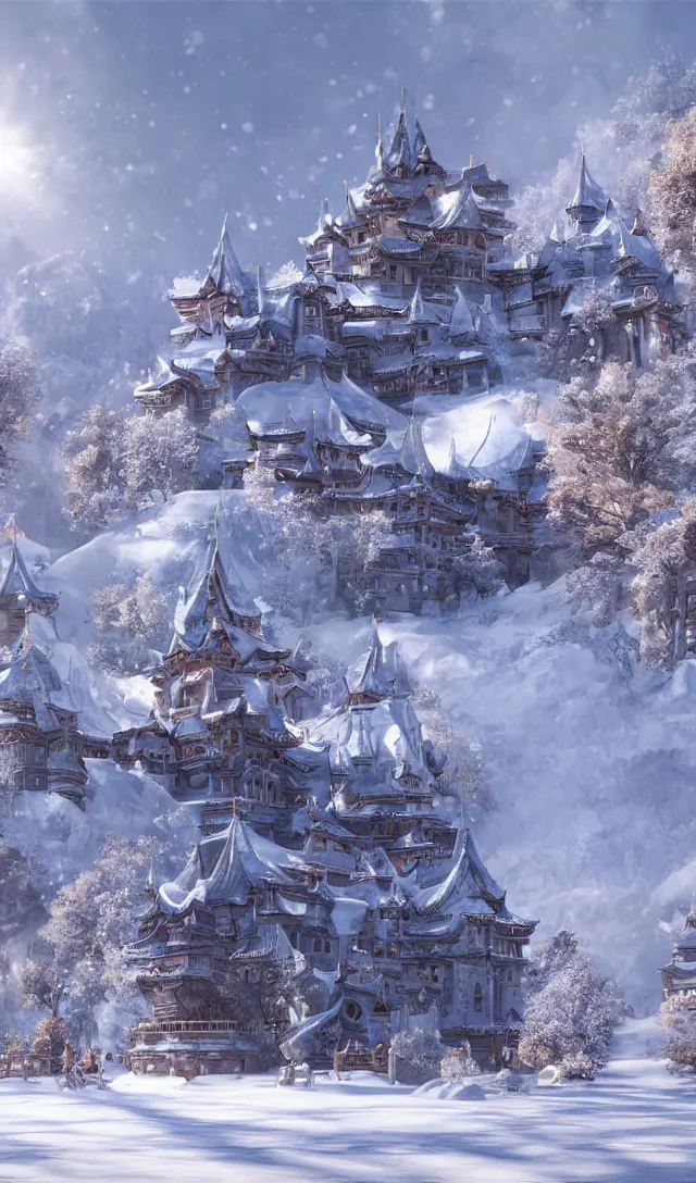 Prompt: a scene concept design depicting a snow - covered palace in the changbai mountains under the shine of the sun, with a magnificent atmosphere ， super wide angle ， matte painting ， rtx on ， in huang guangjian style ， trending on cgsociety and artstation, unreal engine ， volumetric light ，