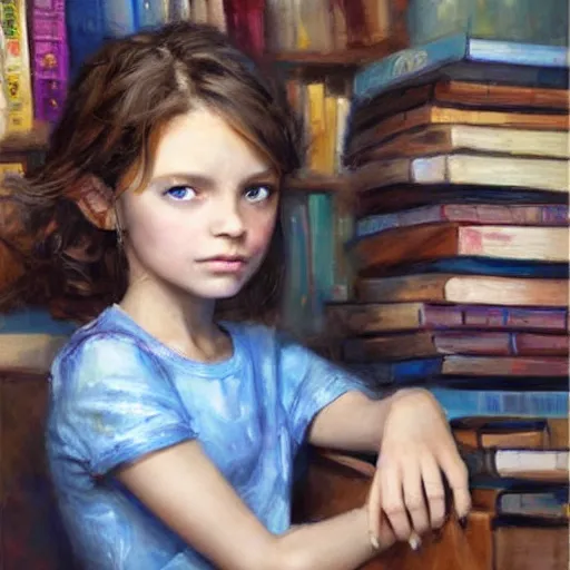 Image similar to a seven year old girl with short curly light brown hair and blue eyes sitting amidst tall piles of books. beautiful painting by raymond swanland and magali villanueve, beautiful detailed face.