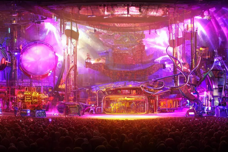 Image similar to a concert stage, tripmachine, center of the stage is a big futuristic steampunk generator surrounded by steampunk machinery with speaker towers, rock musicians on the stage, laser show, 8 k, fluorescent colors, halluzinogenic, multicolored, exaggerated detailed, unreal engine